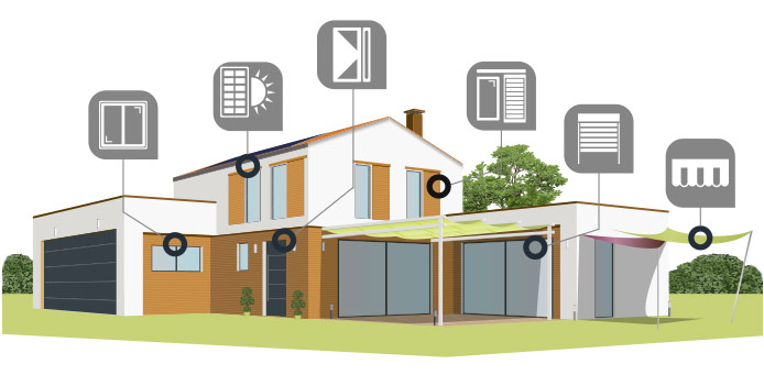 Grafik Haus auf dem die Leistungen der HS Fenster Haustüren & Sonnenschutzsysteme Puchheim dargestellt sind